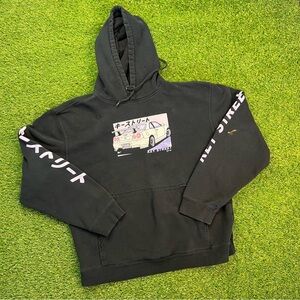 Black Pullover Hoodie with Graphic Front and Sleeve‎ Text